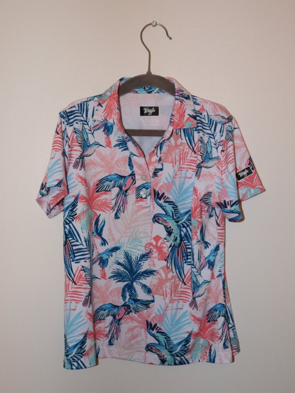 Waggle Tropical Parrot Print Golf Polo - Pink & Blue